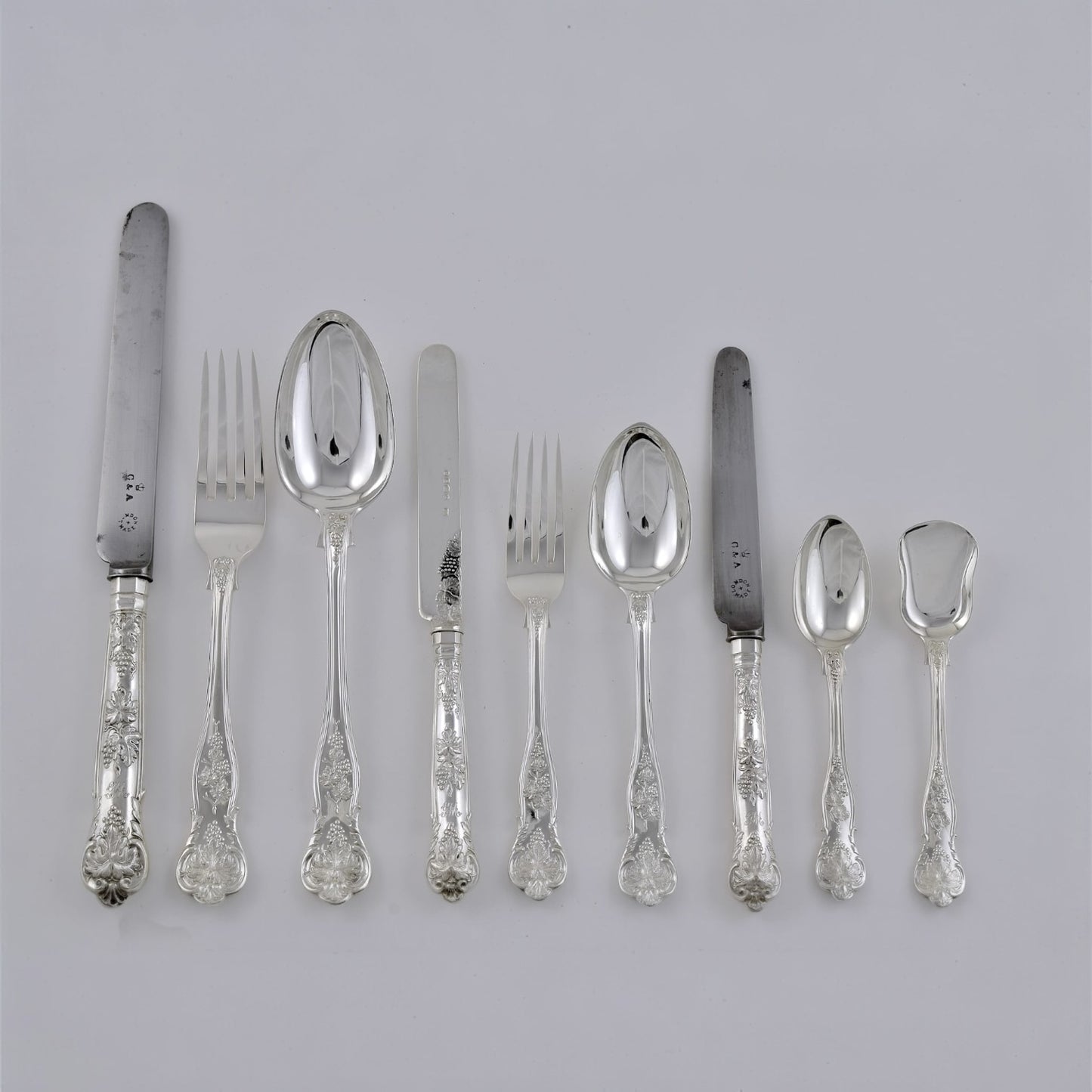 Rare and Extensive Antique Silver Vine Pattern Service for Twenty Four. Made by George Adams, London 1855