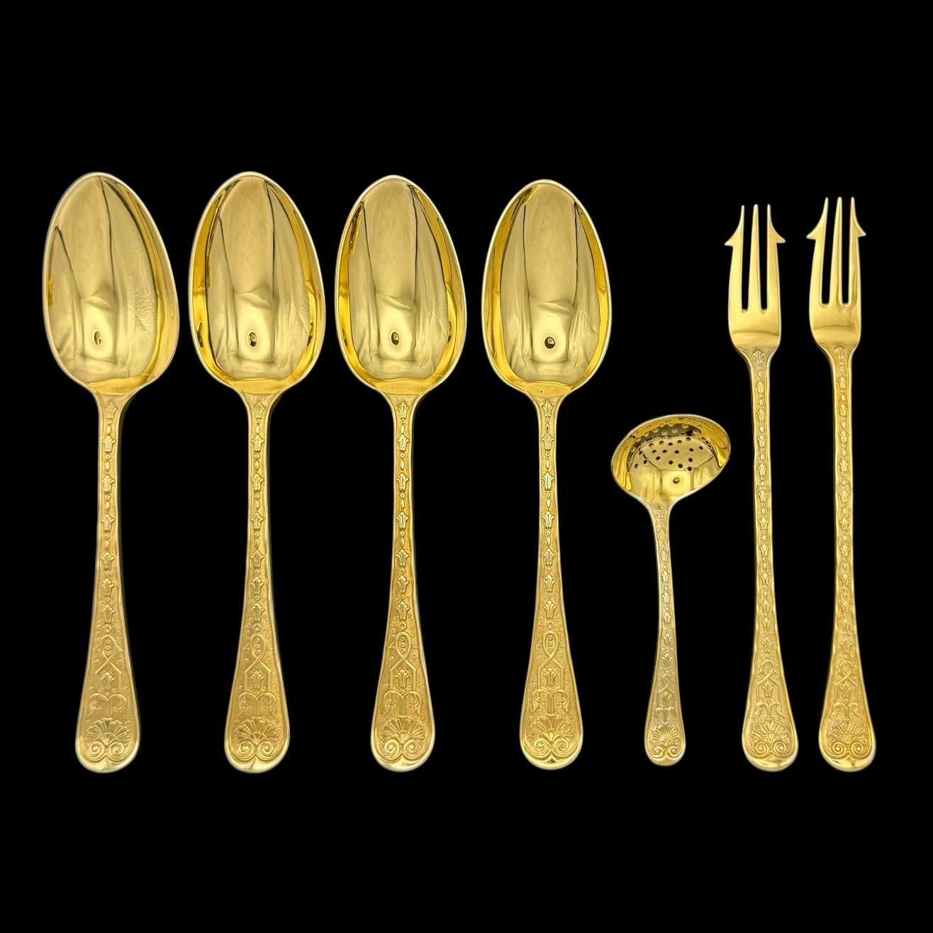 Hand Forged Silver Gilt Elizabethan for Twelve, with Twenty-four Dessert Forks, and Fish Knives & Forks By Garrard & Co. 1971