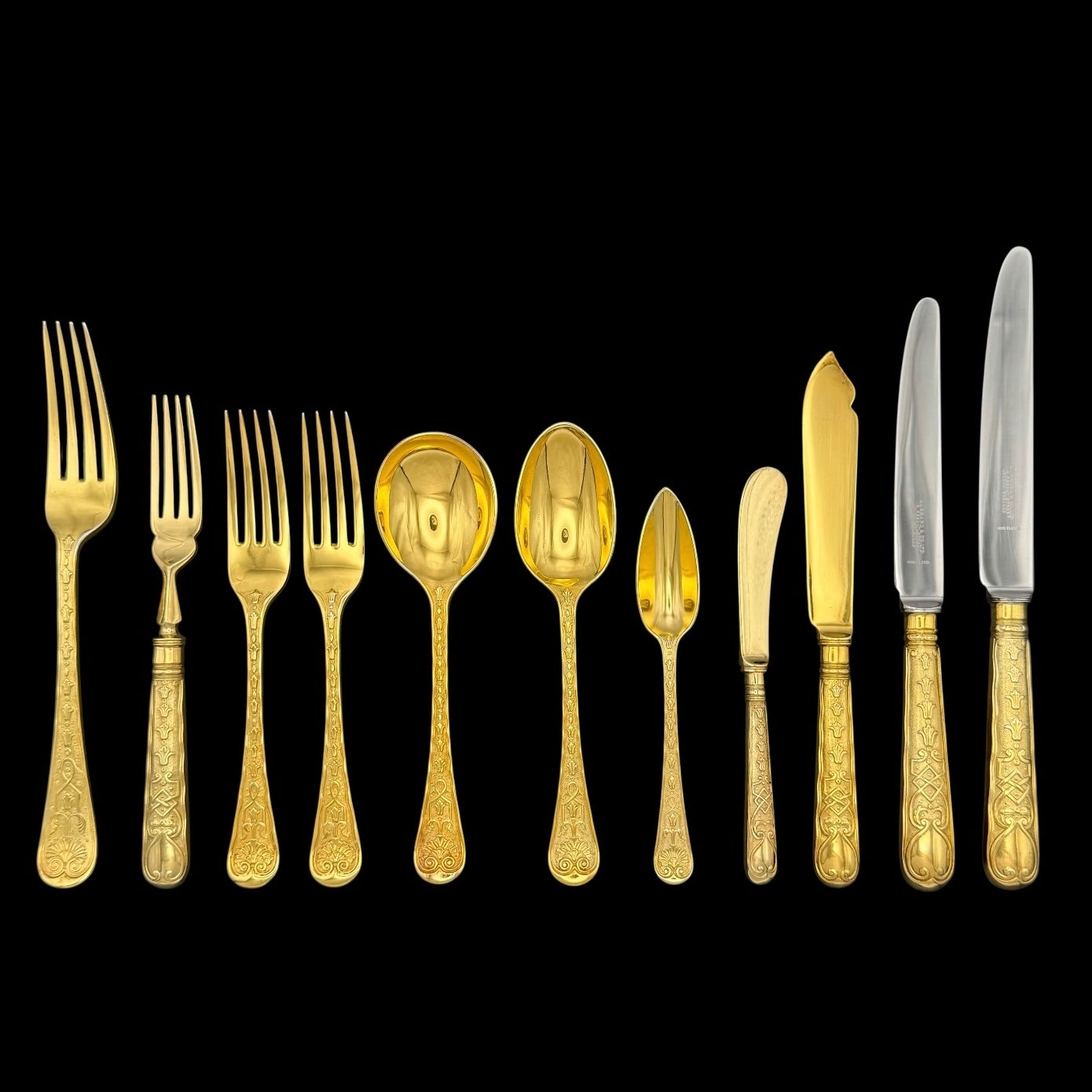 Hand Forged Silver Gilt Elizabethan for Twelve, with Twenty-four Dessert Forks, and Fish Knives & Forks By Garrard & Co. 1971