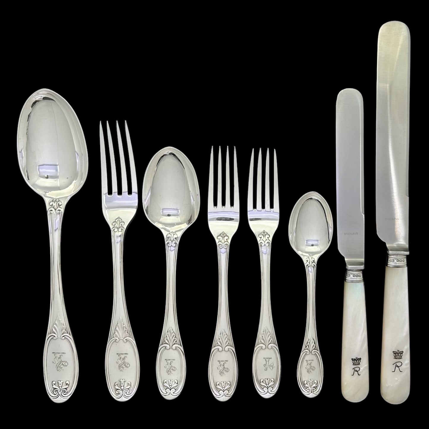 Antique Silver Wellington Pattern Cutlery Service for Twelve People with Mother of Pearl Knives, and Extra Dessert Forks.