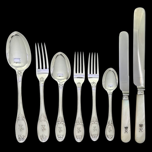 Antique Silver Wellington Pattern Cutlery Service for Twelve People with Mother of Pearl Knives, and Extra Dessert Forks.