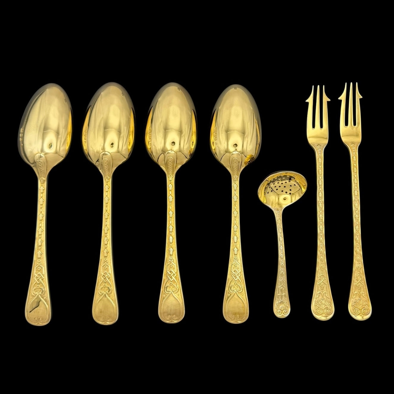 Hand Forged Silver Gilt Elizabethan for Twelve, with Twenty-four Dessert Forks, and Fish Knives & Forks By Garrard & Co. 1971