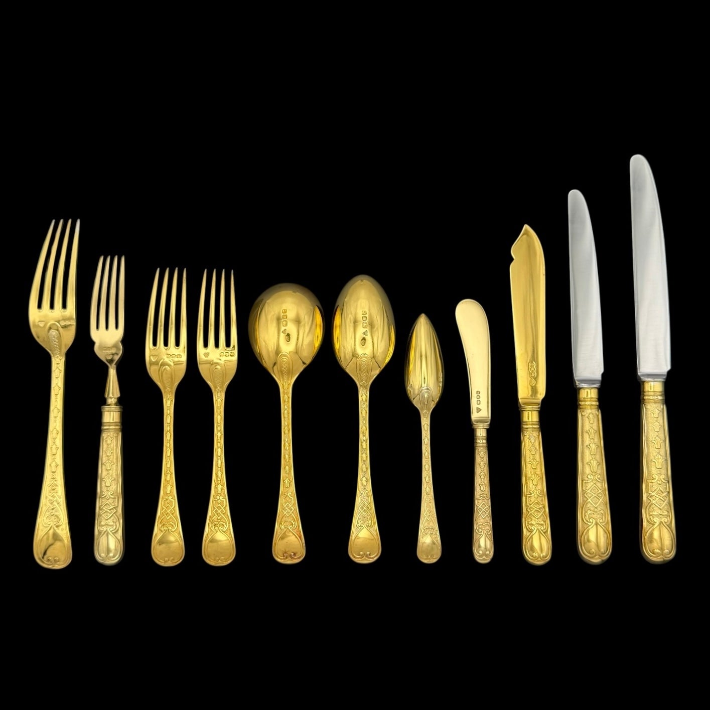 Hand Forged Silver Gilt Elizabethan for Twelve, with Twenty-four Dessert Forks, and Fish Knives & Forks By Garrard & Co. 1971
