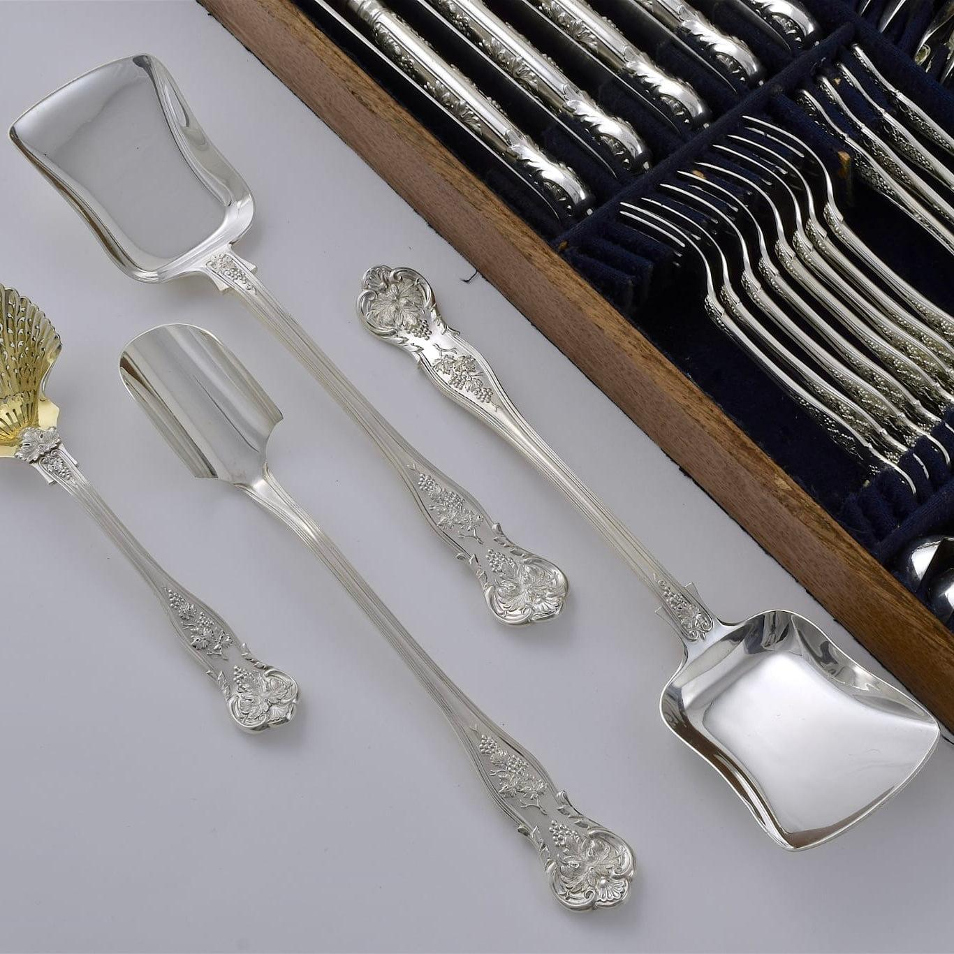 Rare and Extensive Antique Silver Vine Pattern Service for Twenty Four. Made by George Adams, London 1855