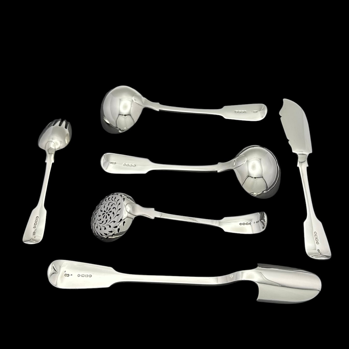 Fiddle Pattern Cutlery Set for for Twelve People with Twenty Four Dessert Forks, and a Fabulous Selection of Servers.