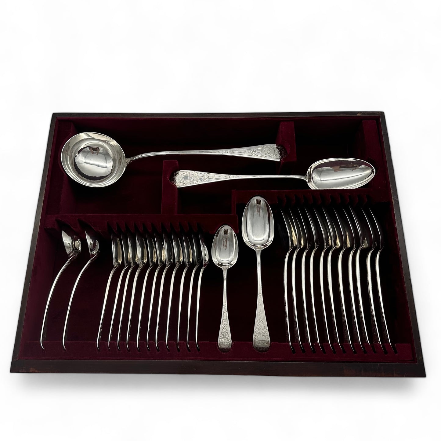 Antique Silver Hand Engraved Brightcut Cutlery Service for Twelve People with Stunning Fish and Entree Knives & Forks.