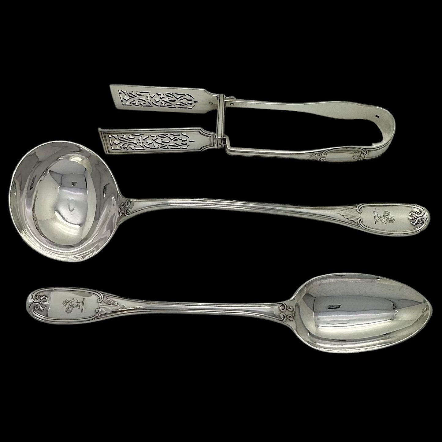 Antique Silver Wellington Pattern Cutlery Service for Twelve People with Mother of Pearl Knives, and Extra Dessert Forks.