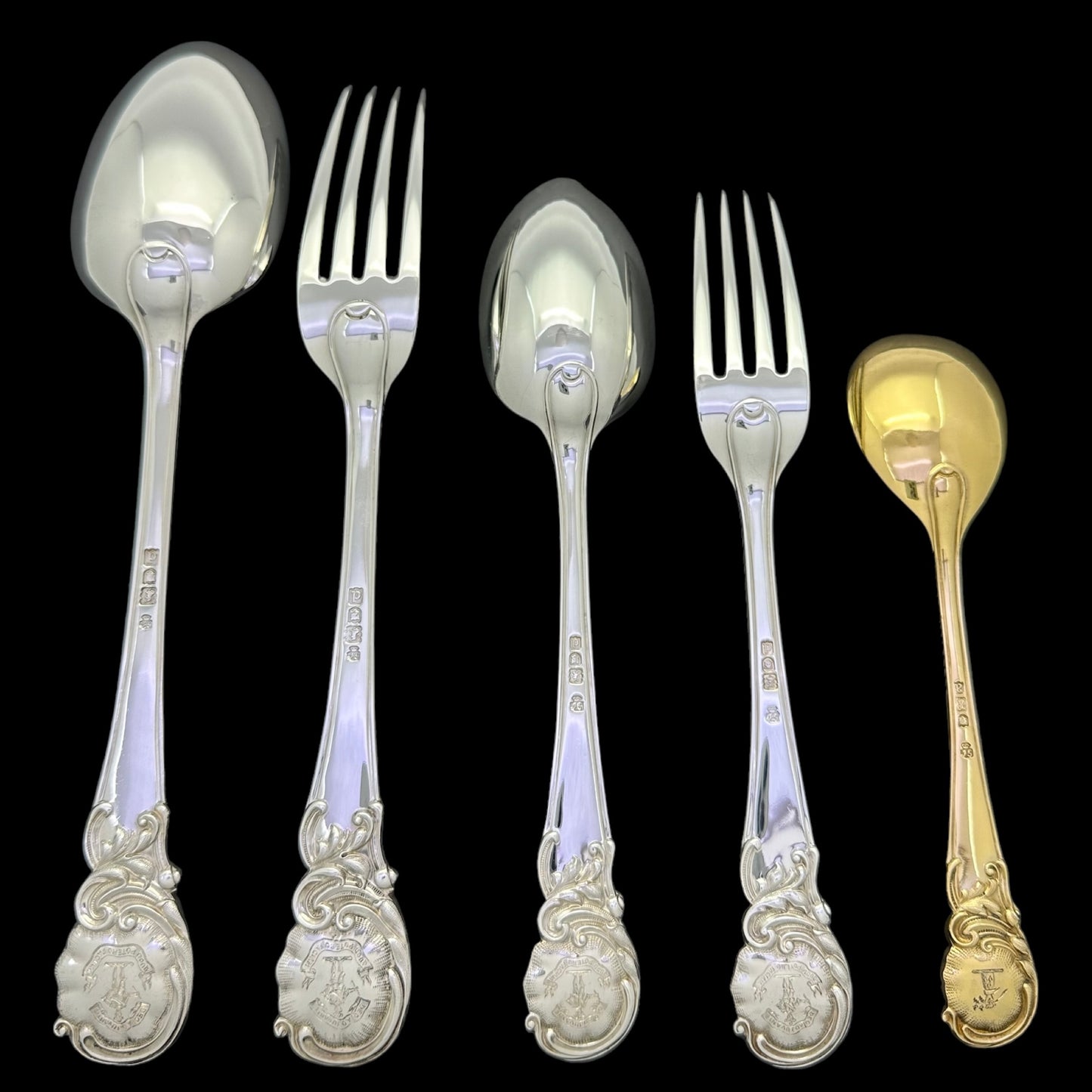 Antique Silver ‘Rococo’ Pattern Flatware Service for Twelve People with Original Table & Dessert Knives.