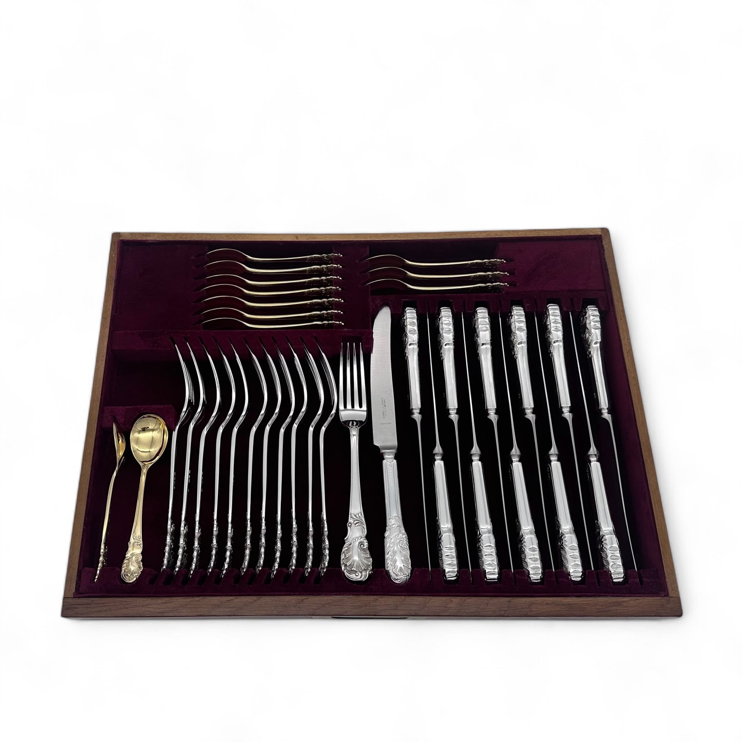 Antique Silver ‘Rococo’ Pattern Flatware Service for Twelve People with Original Table & Dessert Knives.