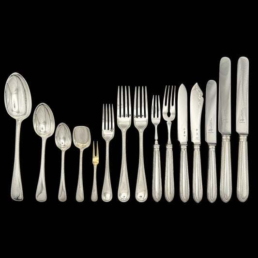 Hand Forged Antique Silver Bead Pattern Service, with both Fish and Entree Knives & forks