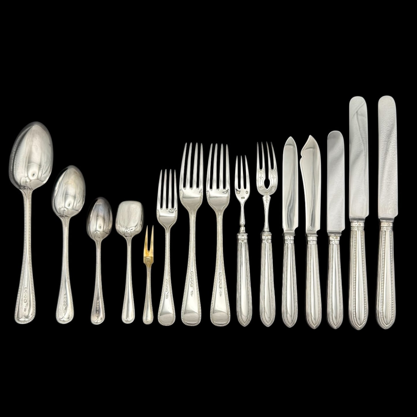 Hand Forged Antique Silver Bead Pattern Service, with both Fish and Entree Knives & forks