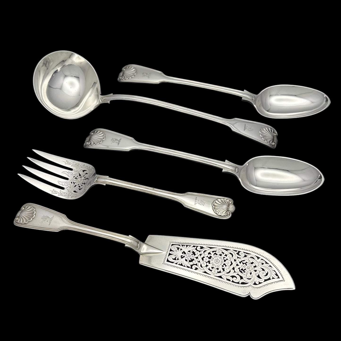 Antique Silver Fiddle Thread & Shell Pattern Flatware service for Twelve People.