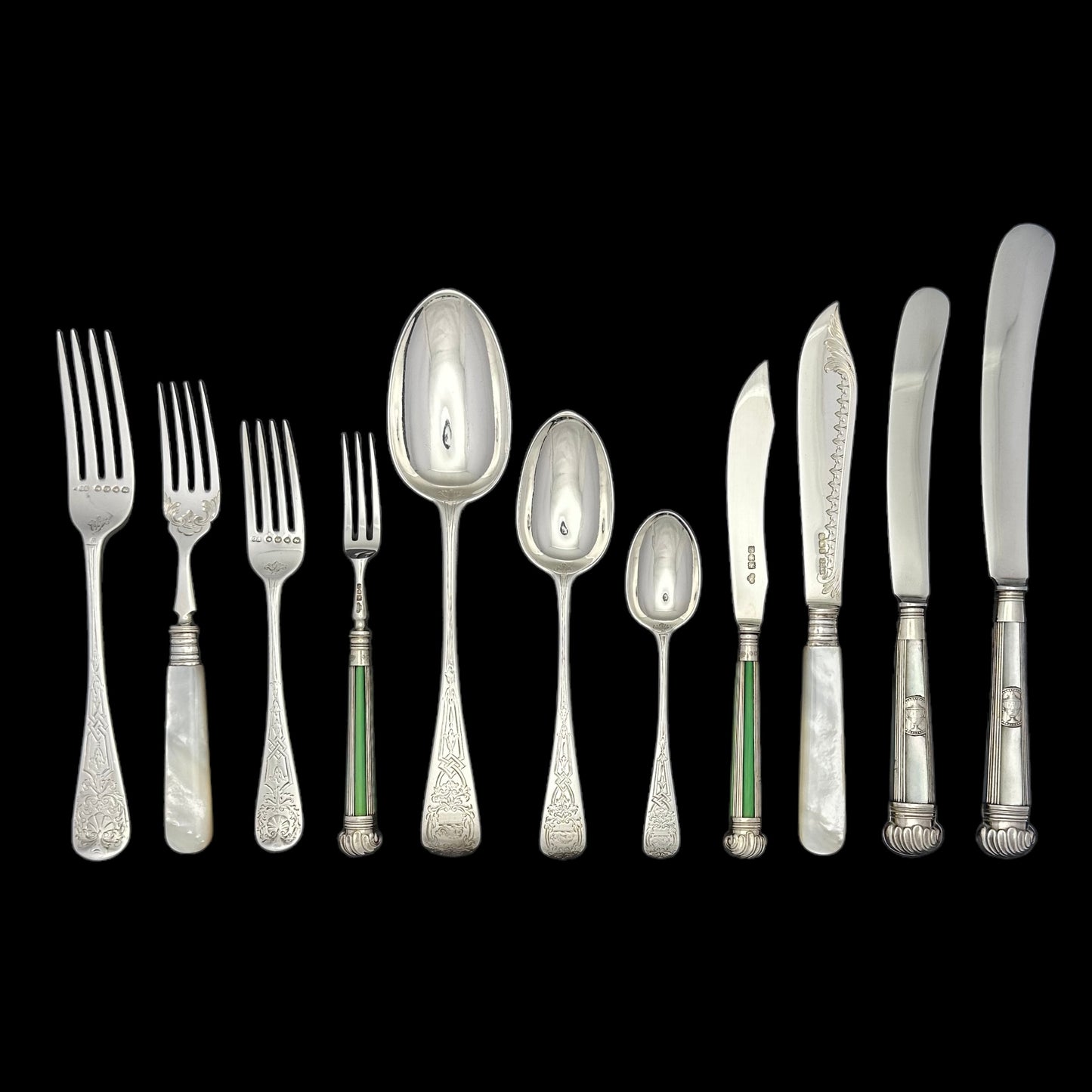 Antique Silver Hand Engraved Brightcut Cutlery Service for Twelve People with Stunning Fish and Entree Knives & Forks.