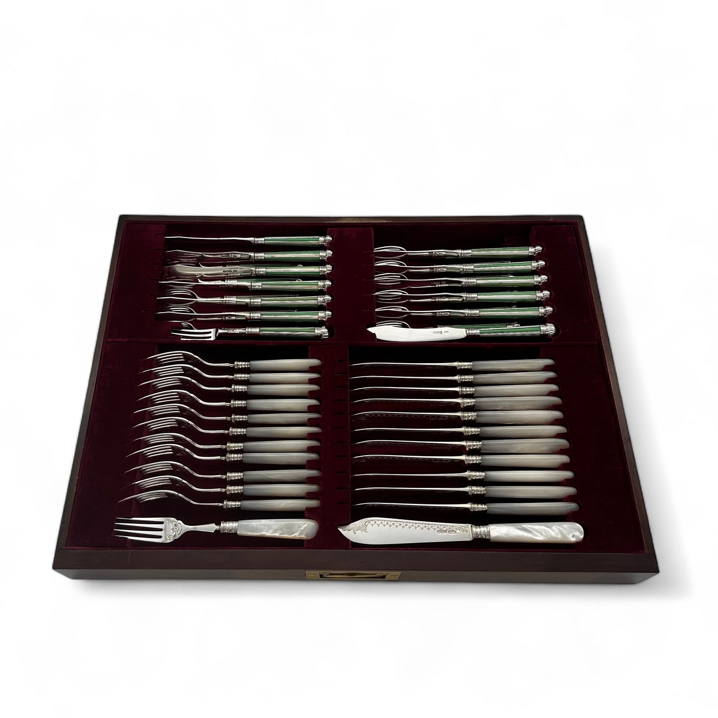 Antique Silver Hand Engraved Brightcut Cutlery Service for Twelve People with Stunning Fish and Entree Knives & Forks.