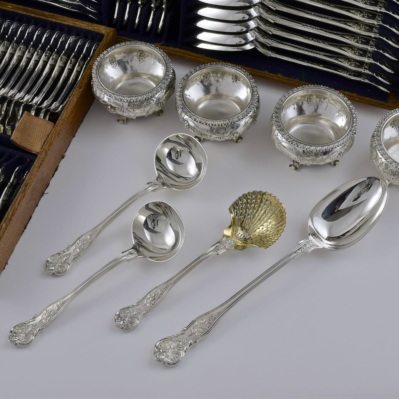 Rare and Extensive Antique Silver Vine Pattern Service for Twenty Four. Made by George Adams, London 1855