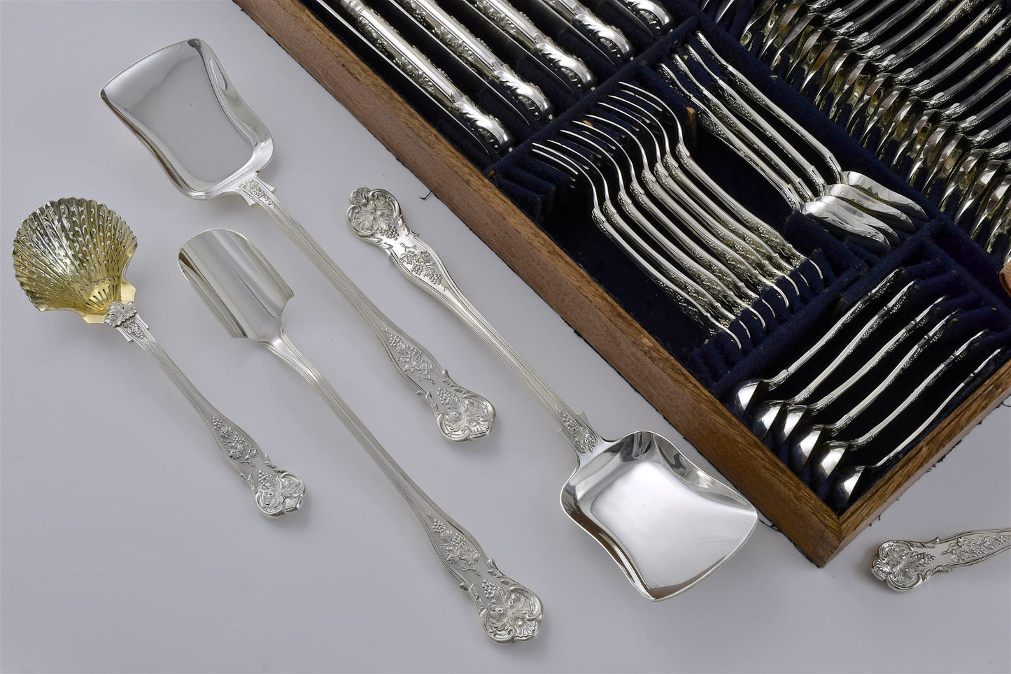 Incredibly Rare and Extensive Antique Silver Vine Pattern Service for Twenty Four. Made by George Adams in London, 1856.