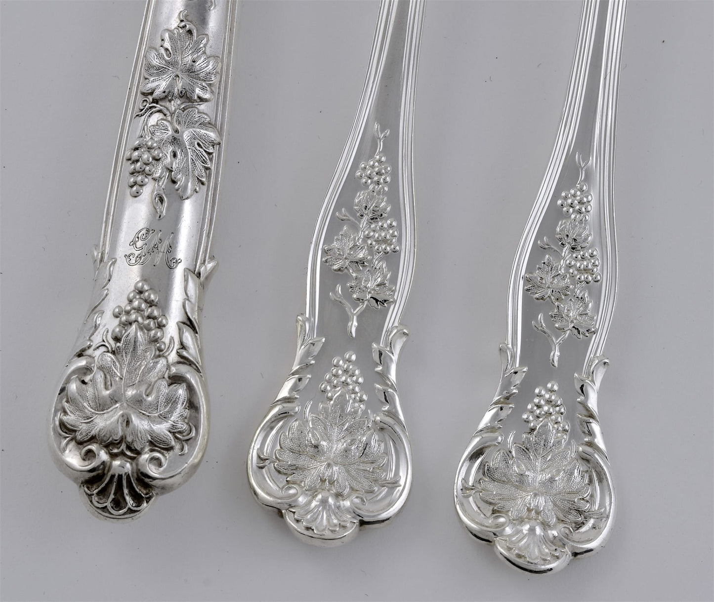 Incredibly Rare and Extensive Antique Silver Vine Pattern Service for Twenty Four. Made by George Adams in London, 1856.