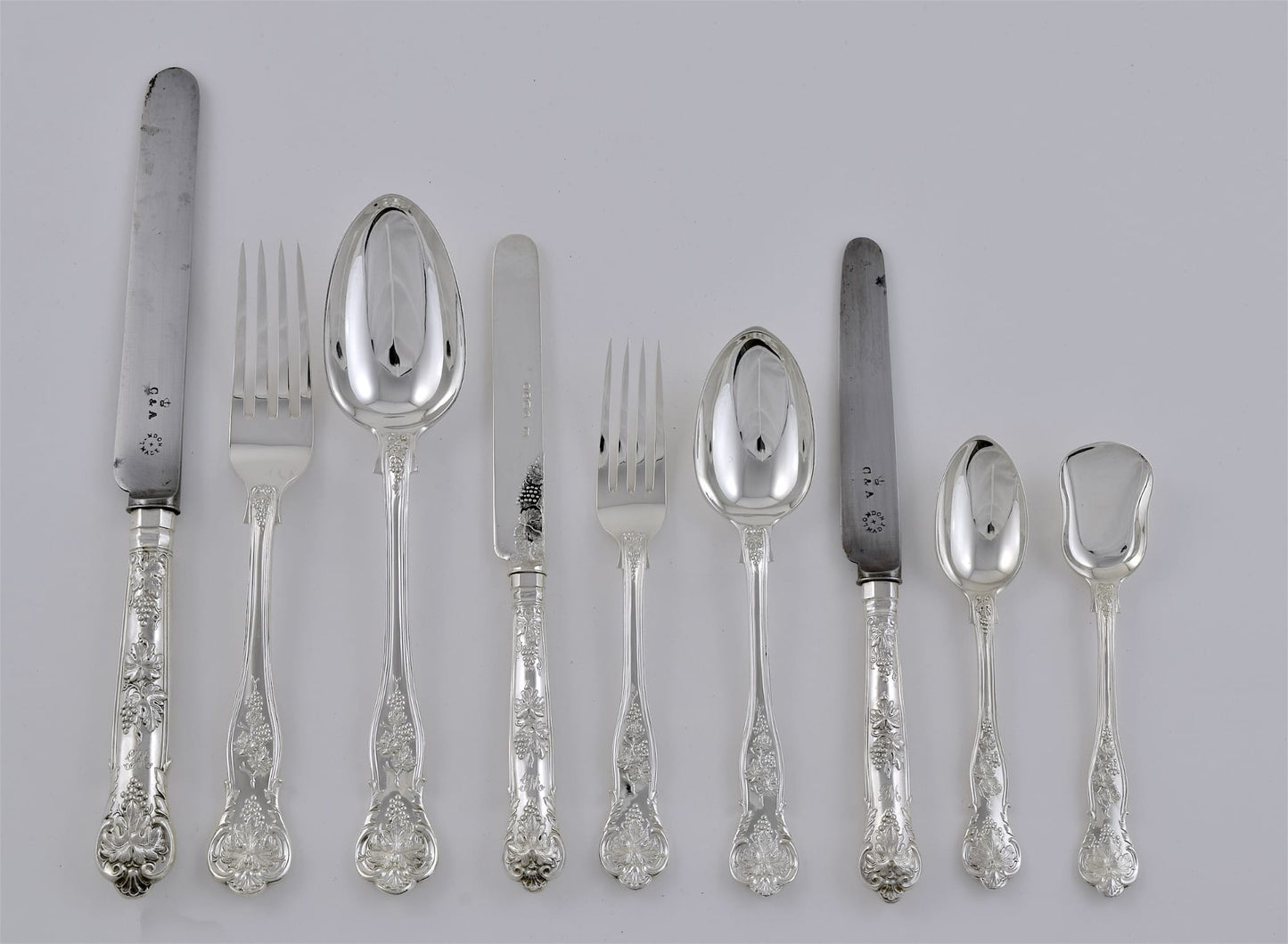 Incredibly Rare and Extensive Antique Silver Vine Pattern Service for Twenty Four. Made by George Adams in London, 1856.