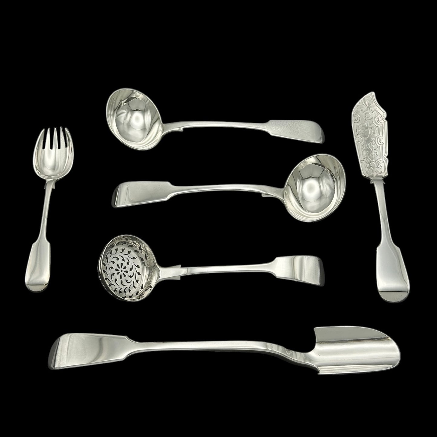 Fiddle Pattern Cutlery Set for for Twelve People with Twenty Four Dessert Forks, and a Fabulous Selection of Servers.