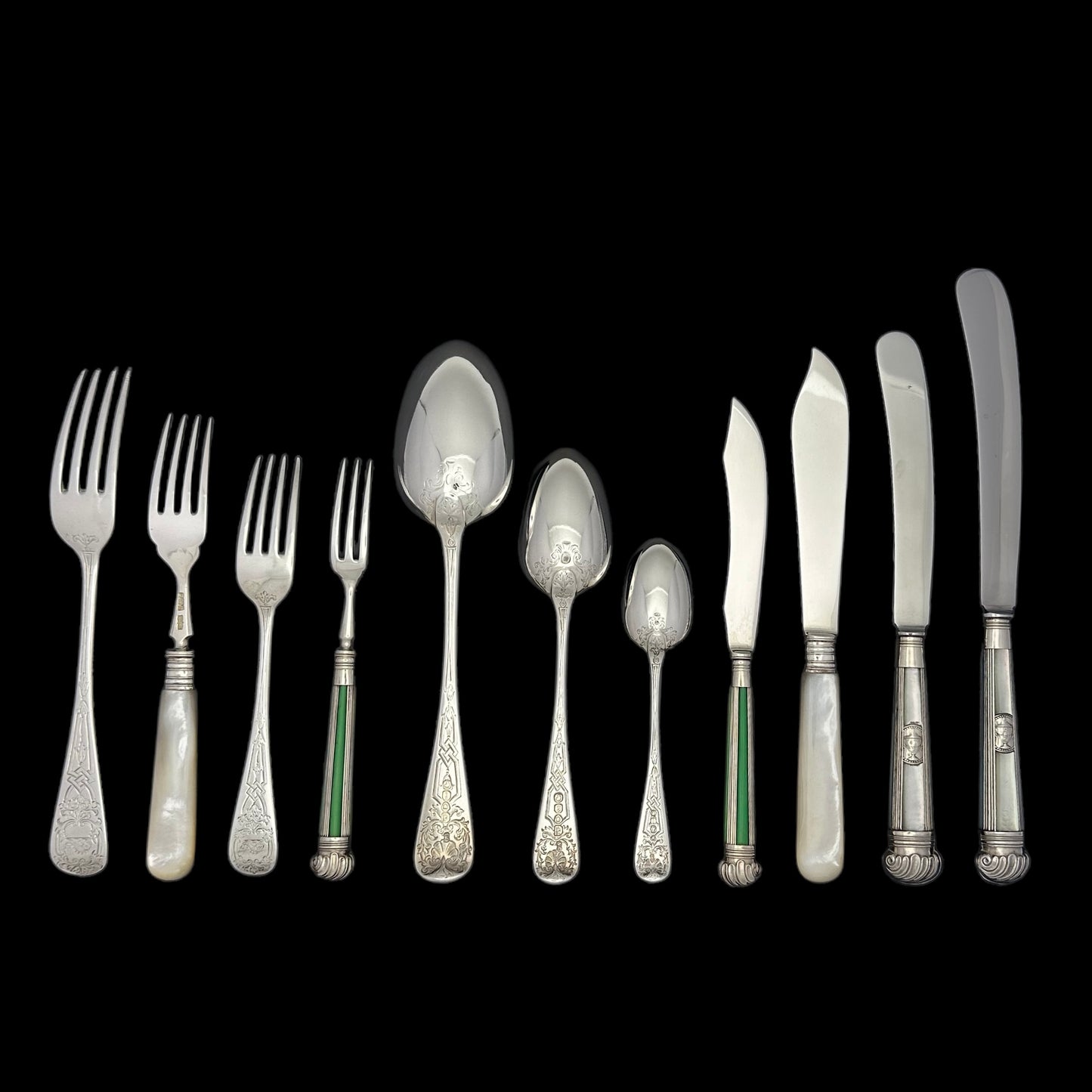 Antique Silver Hand Engraved Brightcut Cutlery Service for Twelve People with Stunning Fish and Entree Knives & Forks.