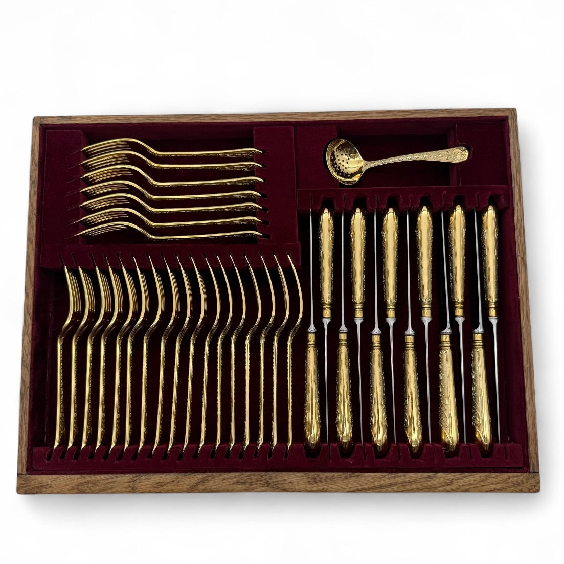 Hand Forged Silver Gilt Elizabethan for Twelve, with Twenty-four Dessert Forks, and Fish Knives & Forks By Garrard & Co. 1971