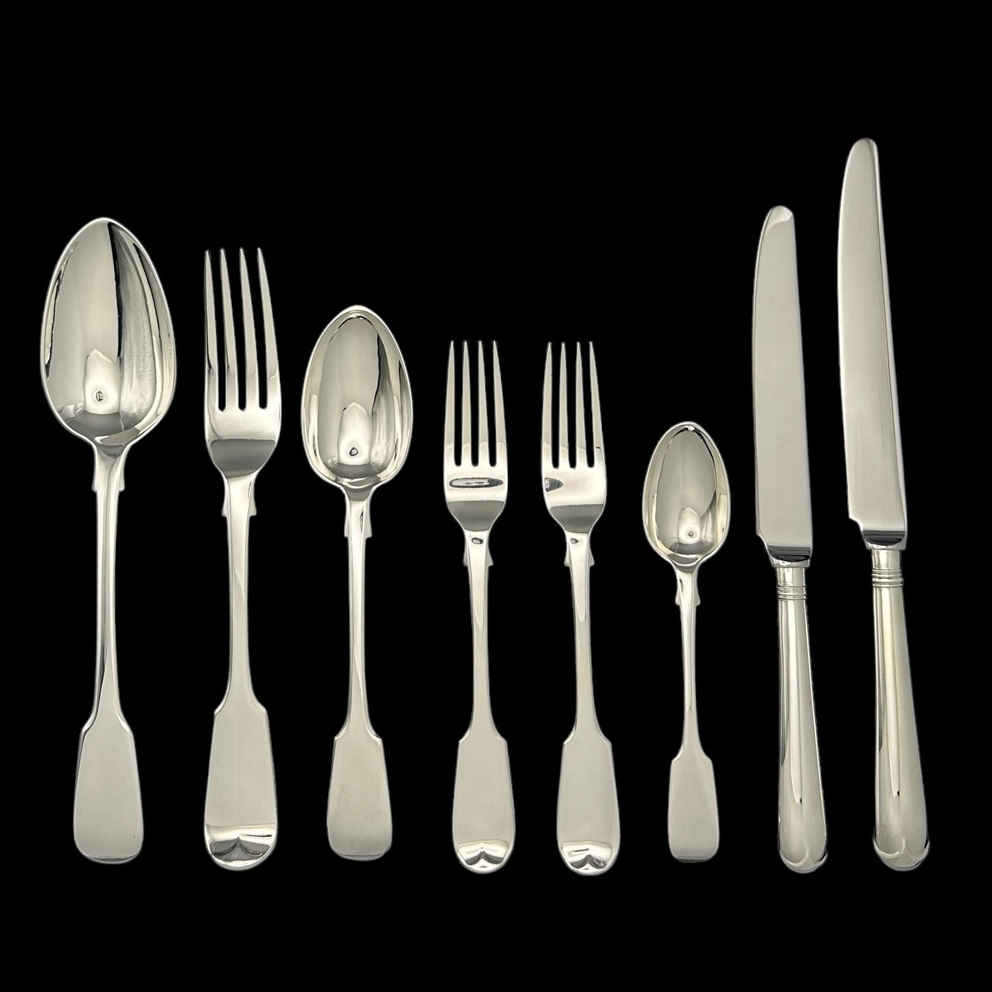 Fiddle Pattern Cutlery Set for for Twelve People with Twenty Four Dessert Forks, and a Fabulous Selection of Servers.