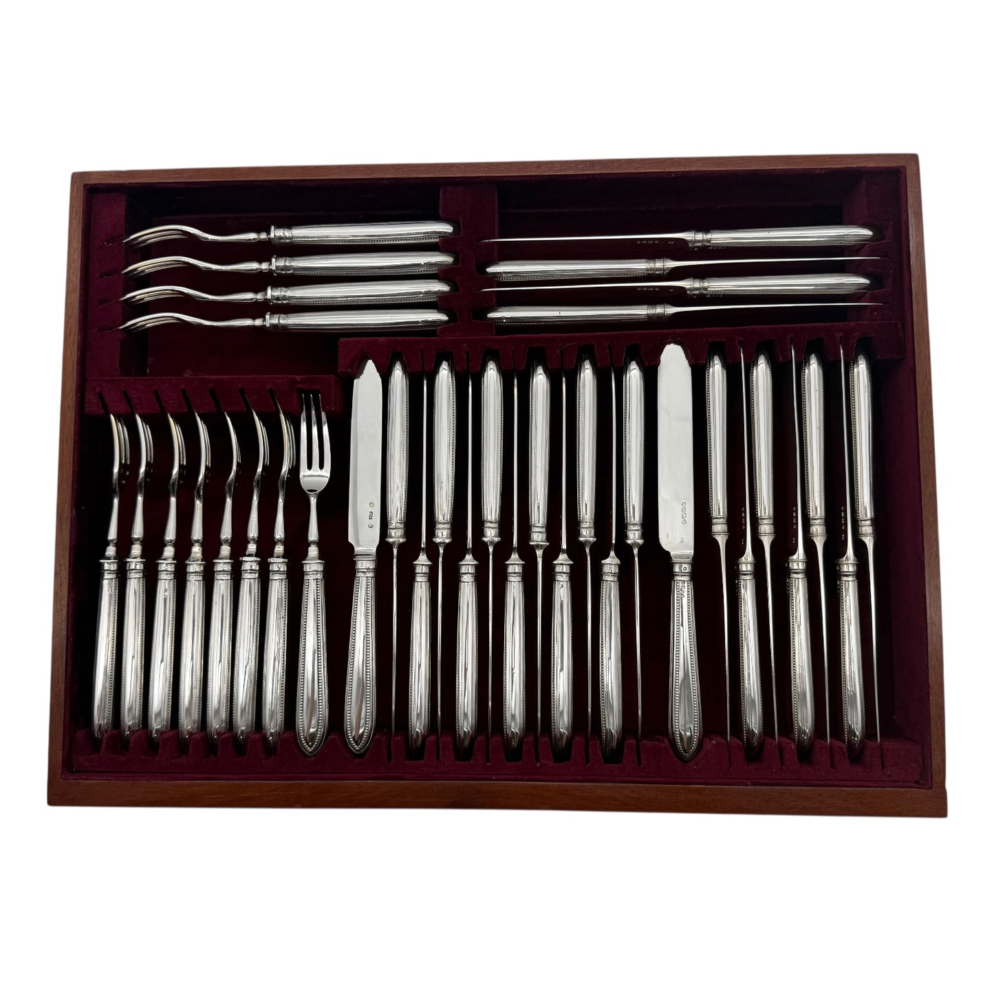 Hand Forged Antique Silver Bead Pattern Service, with both Fish and Entree Knives & forks