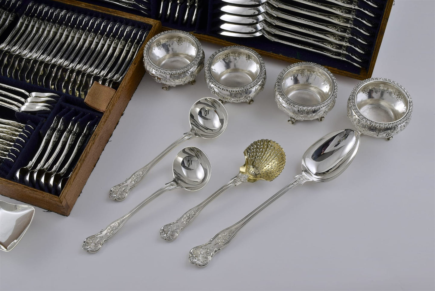 Incredibly Rare and Extensive Antique Silver Vine Pattern Service for Twenty Four. Made by George Adams in London, 1856.