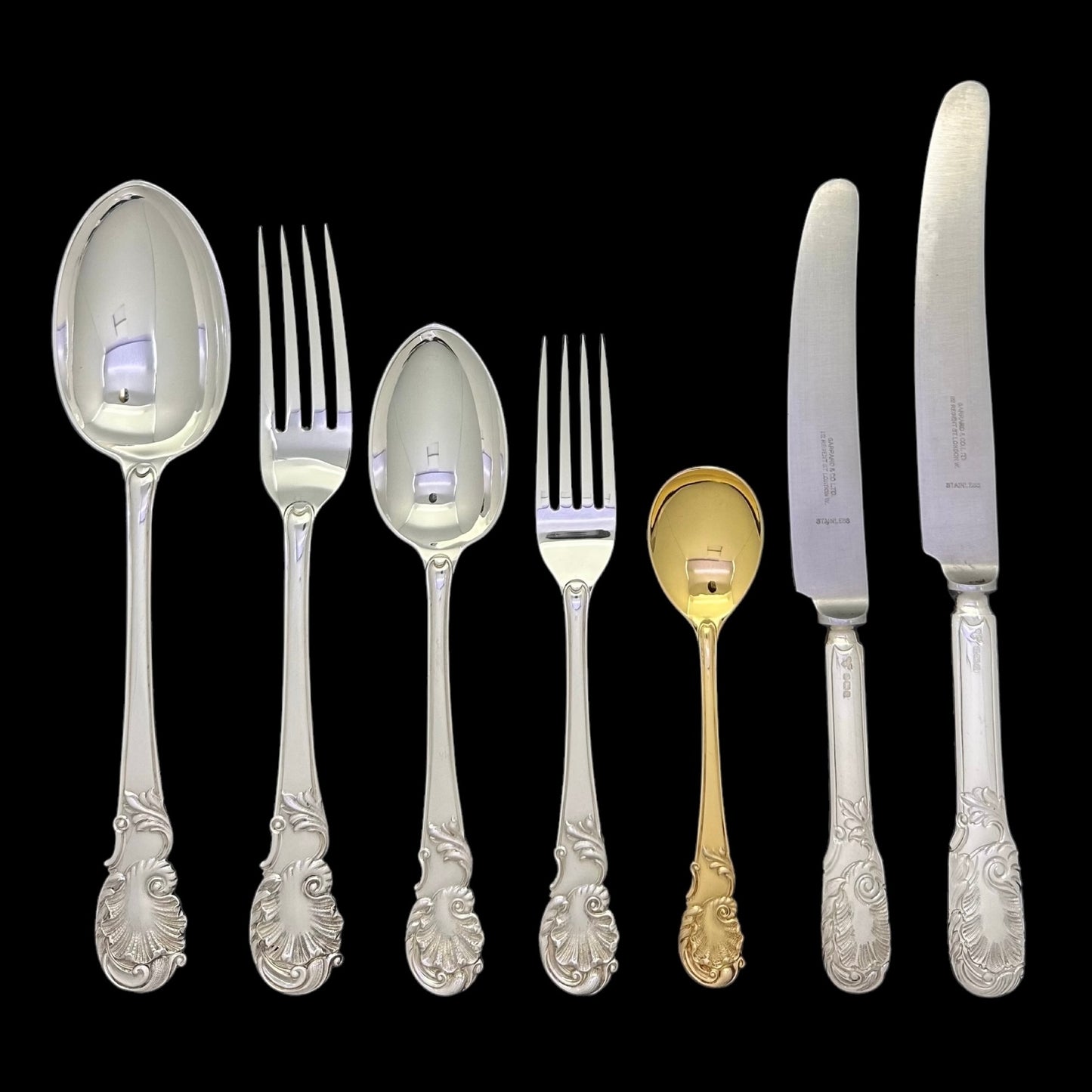 Antique Silver ‘Rococo’ Pattern Flatware Service for Twelve People with Original Table & Dessert Knives.