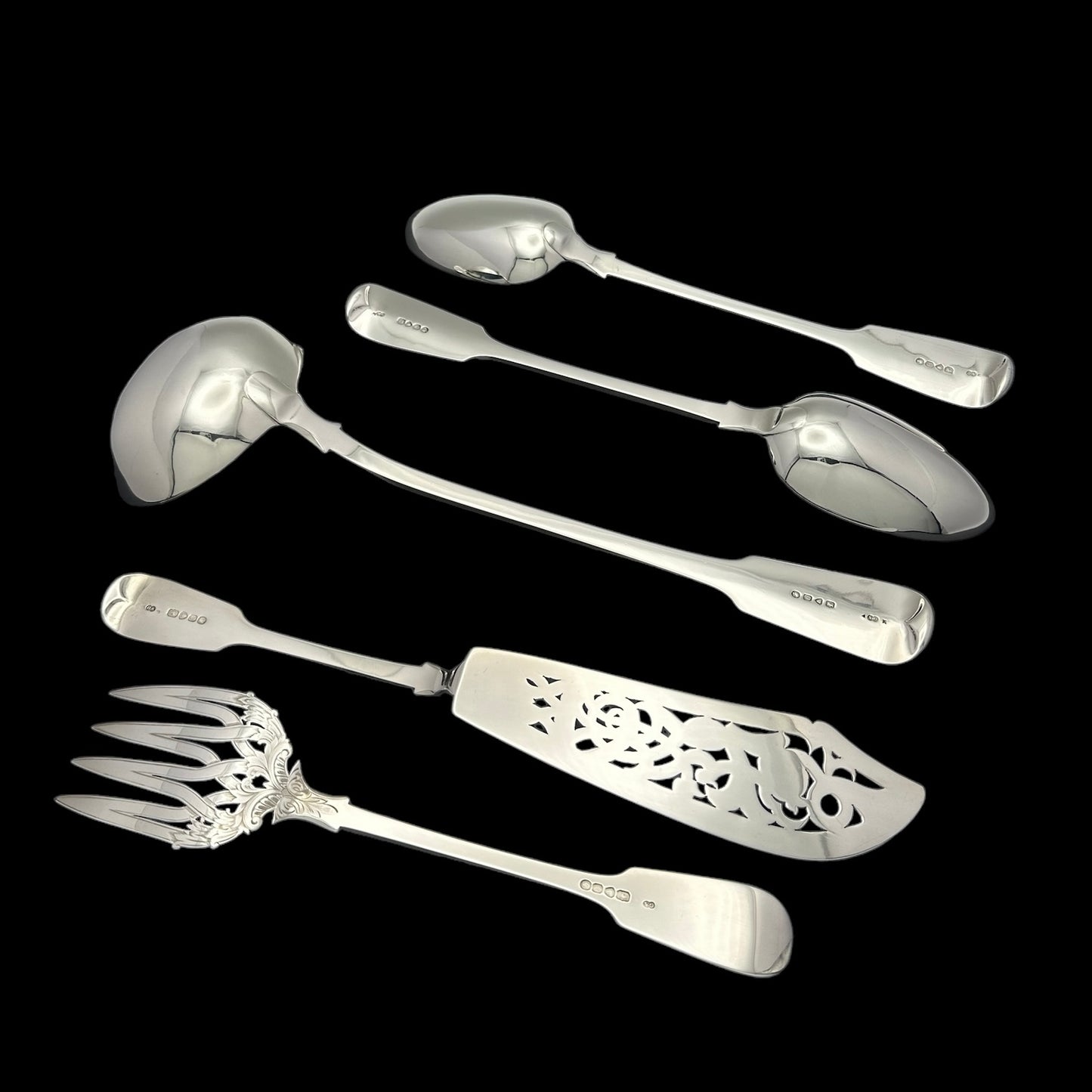 Fiddle Pattern Cutlery Set for for Twelve People with Twenty Four Dessert Forks, and a Fabulous Selection of Servers.