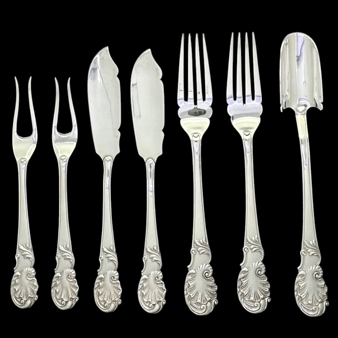 Antique Silver ‘Rococo’ Pattern Flatware Service for Twelve People with Original Table & Dessert Knives.