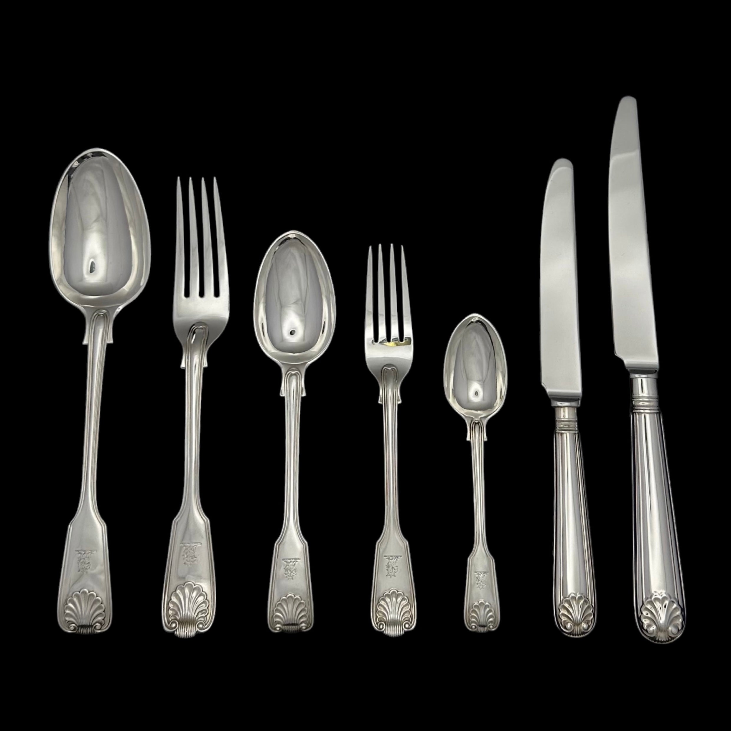 Antique Silver Fiddle Thread & Shell Pattern Flatware service for Twel ...