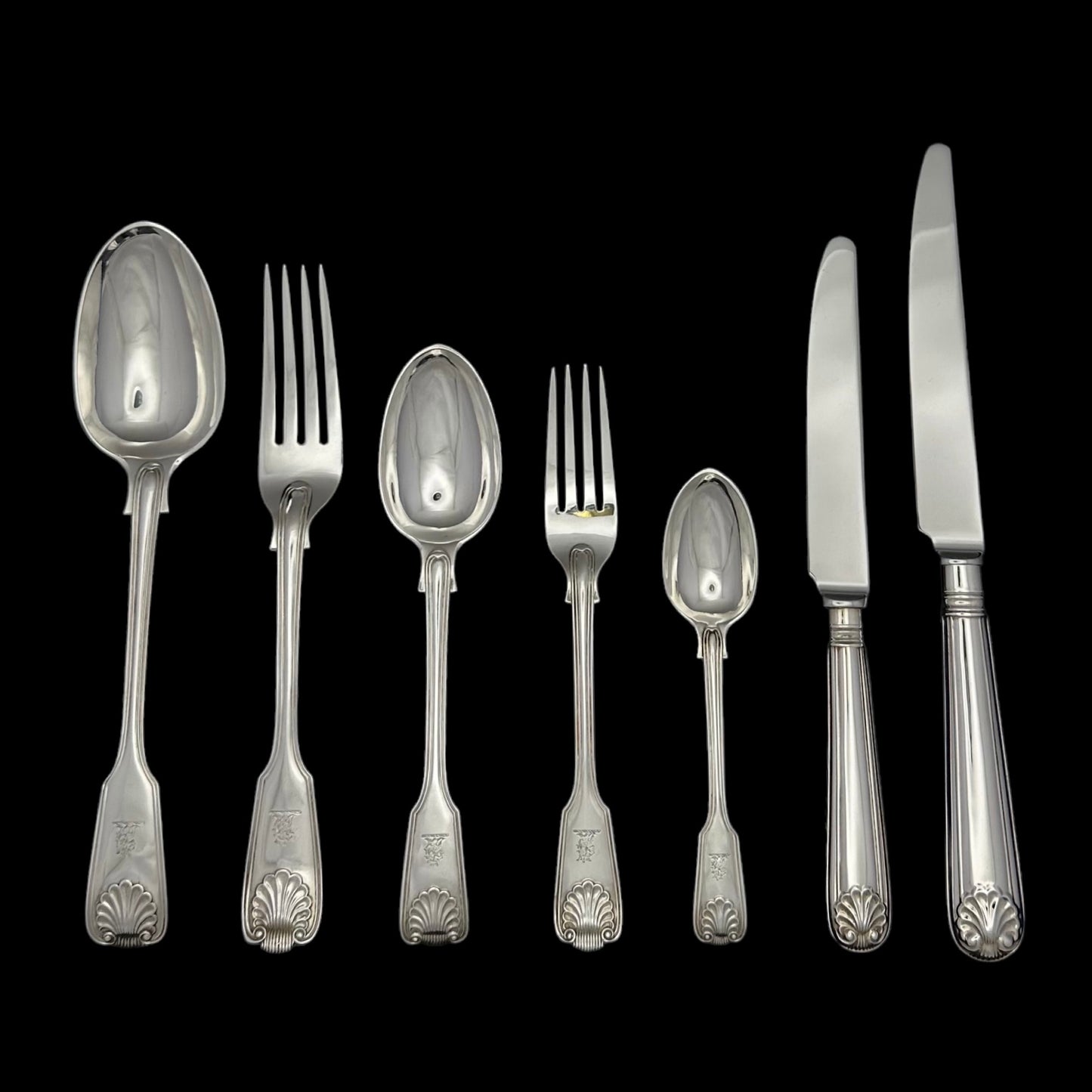 Antique Silver Fiddle Thread & Shell Pattern Flatware service for Twelve People.