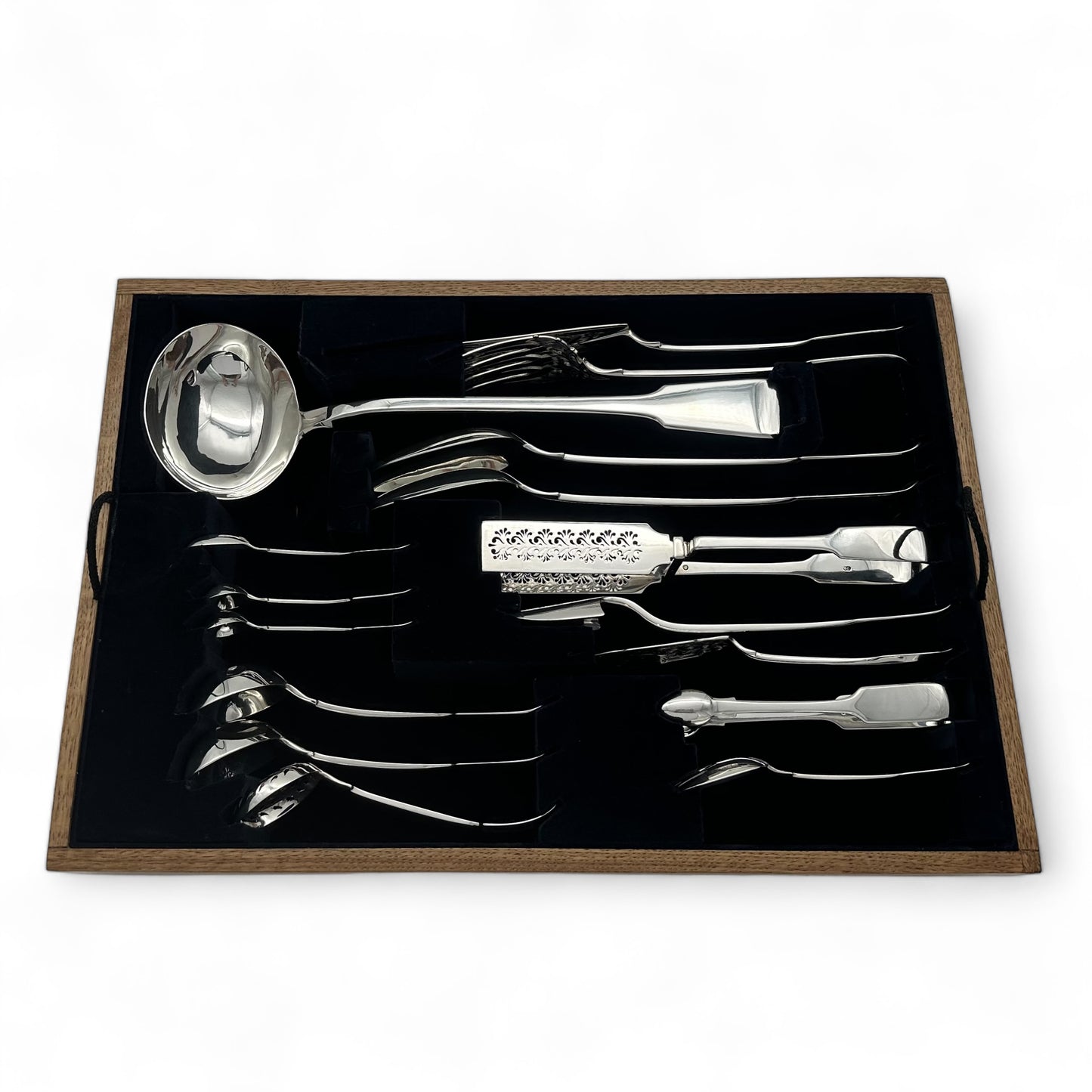 Fiddle Pattern Cutlery Set for for Twelve People with Twenty Four Dessert Forks, and a Fabulous Selection of Servers.