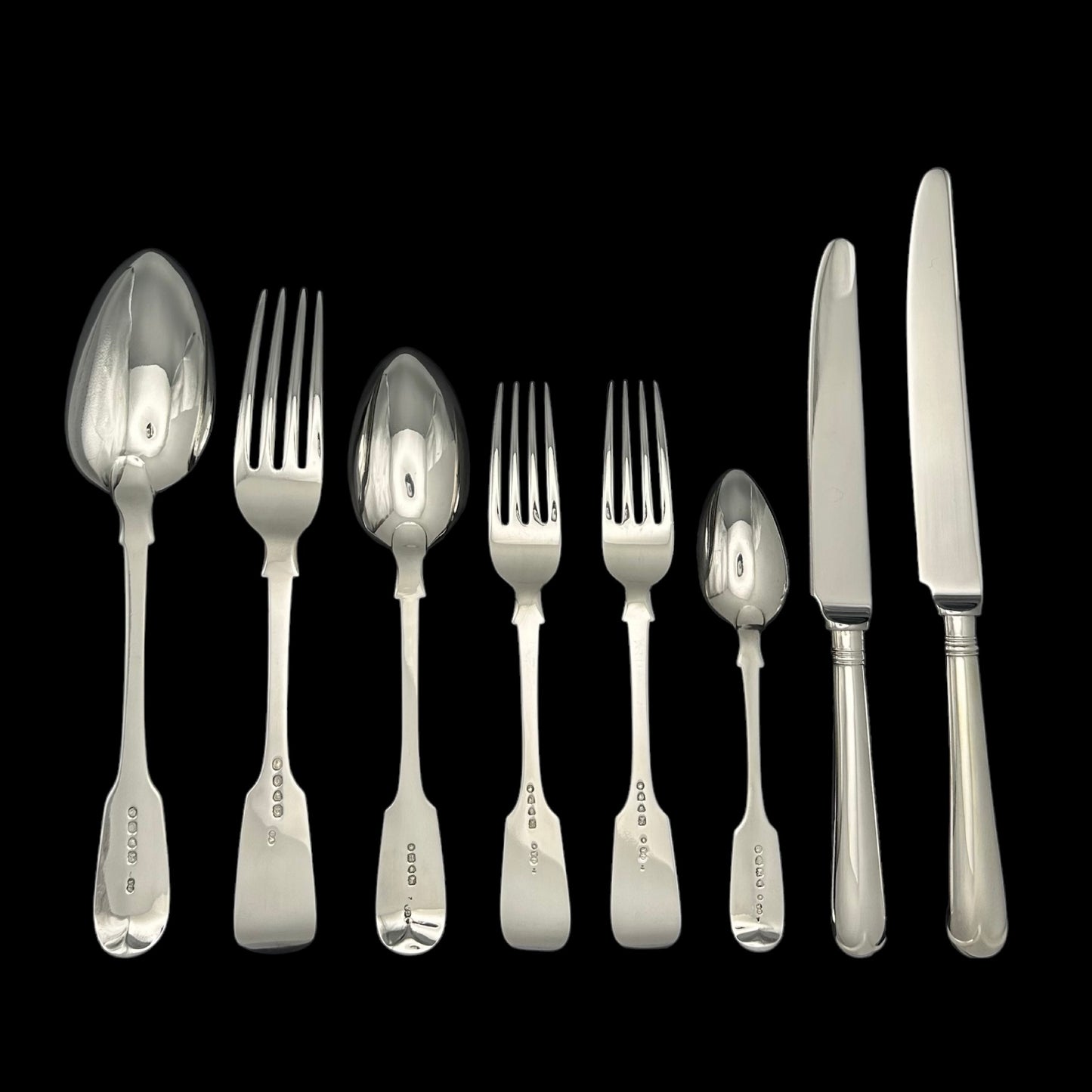 Fiddle Pattern Cutlery Set for for Twelve People with Twenty Four Dessert Forks, and a Fabulous Selection of Servers.