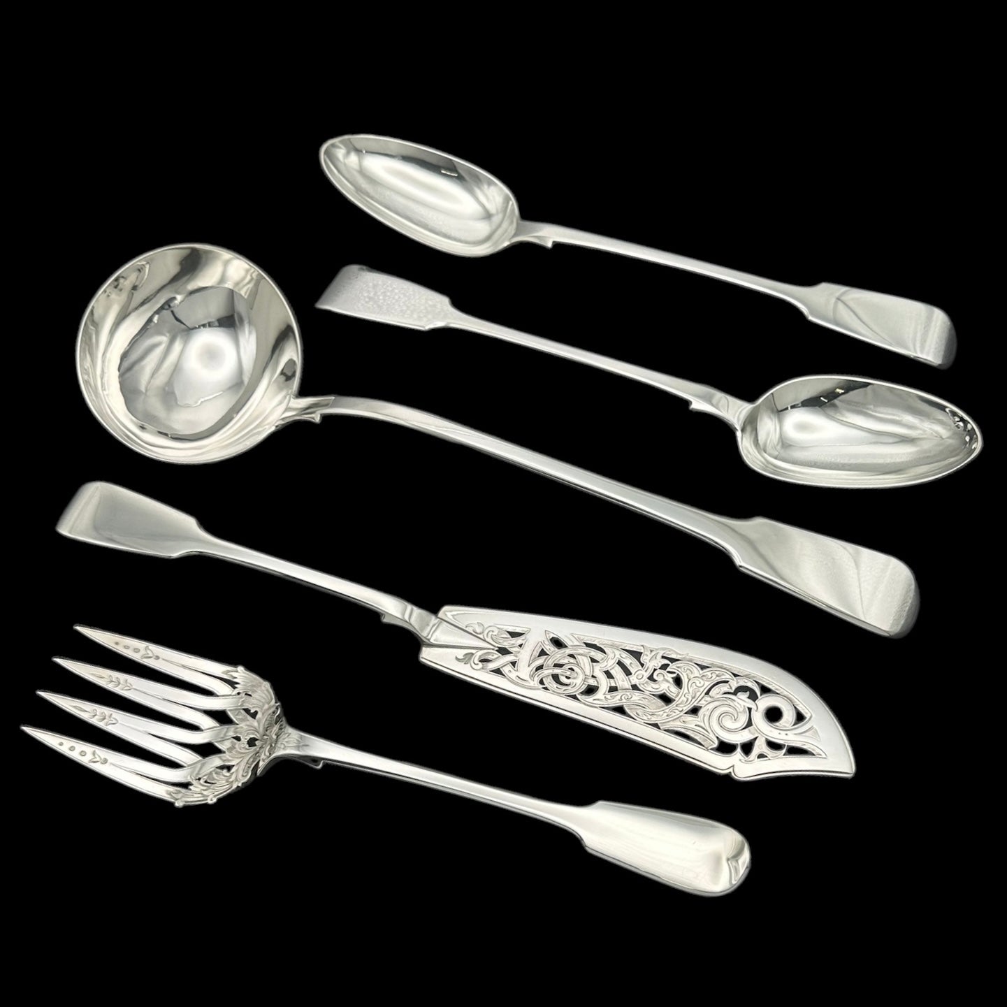 Fiddle Pattern Cutlery Set for for Twelve People with Twenty Four Dessert Forks, and a Fabulous Selection of Servers.