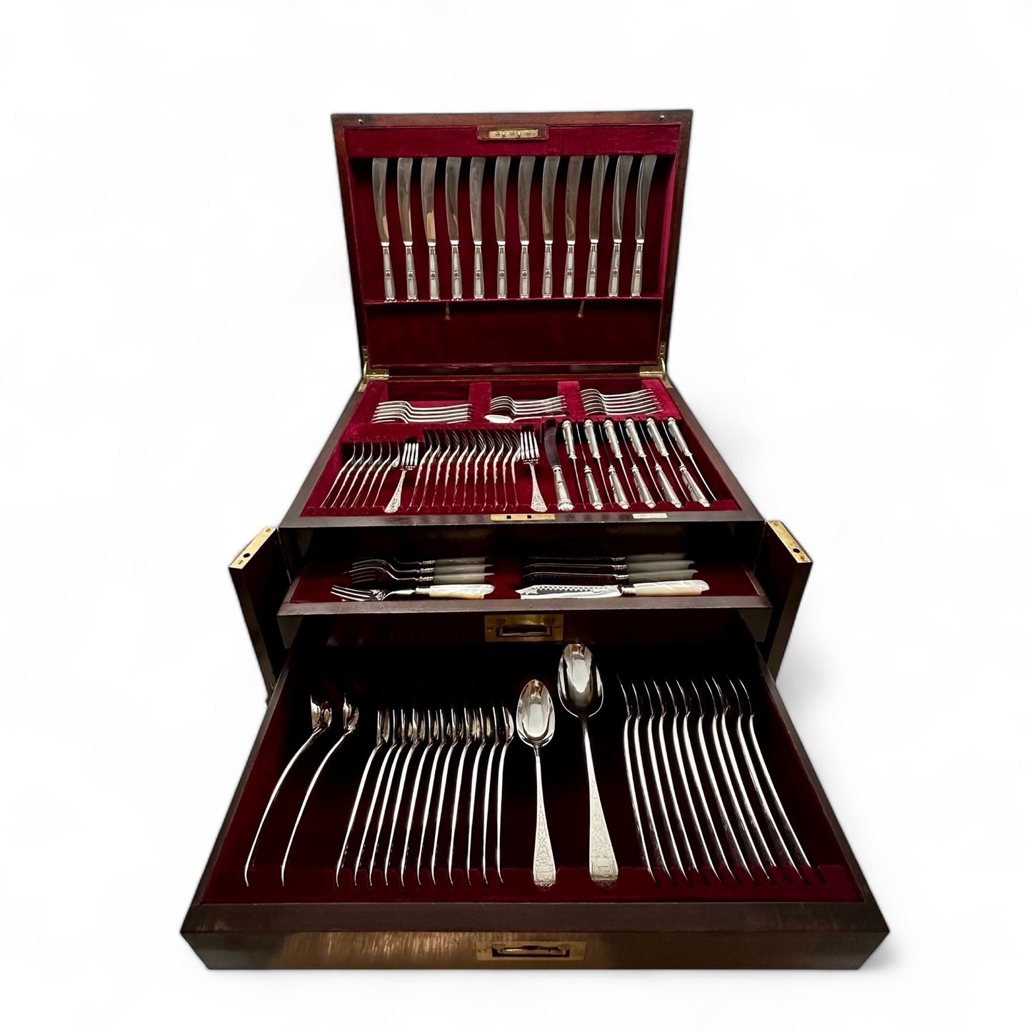 Antique Silver Hand Engraved Brightcut Cutlery Service for Twelve People with Stunning Fish and Entree Knives & Forks.