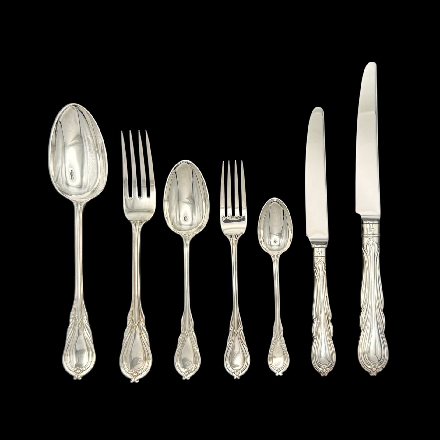 Antique Silver Lily Pattern Flatware Service for Twenty Four