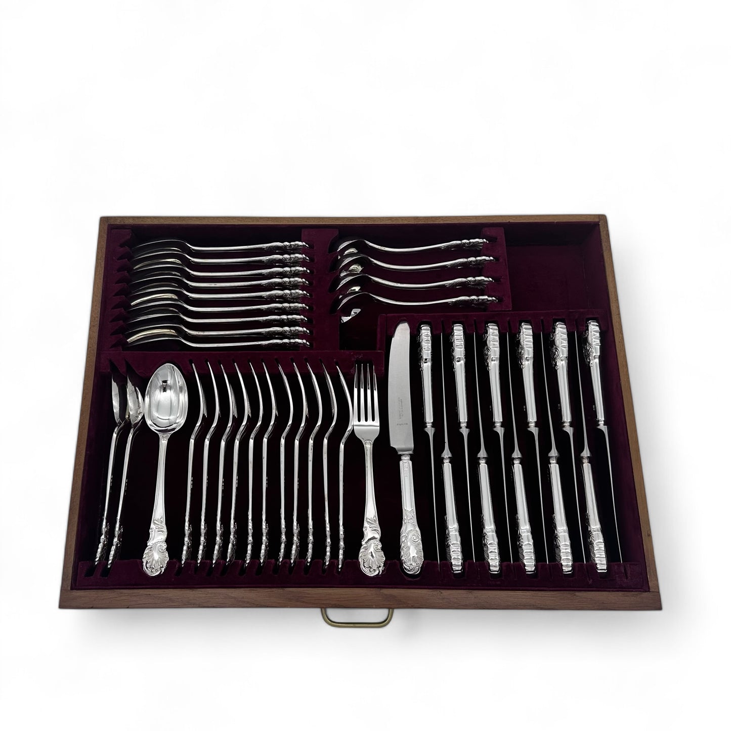 Antique Silver ‘Rococo’ Pattern Flatware Service for Twelve People with Original Table & Dessert Knives.