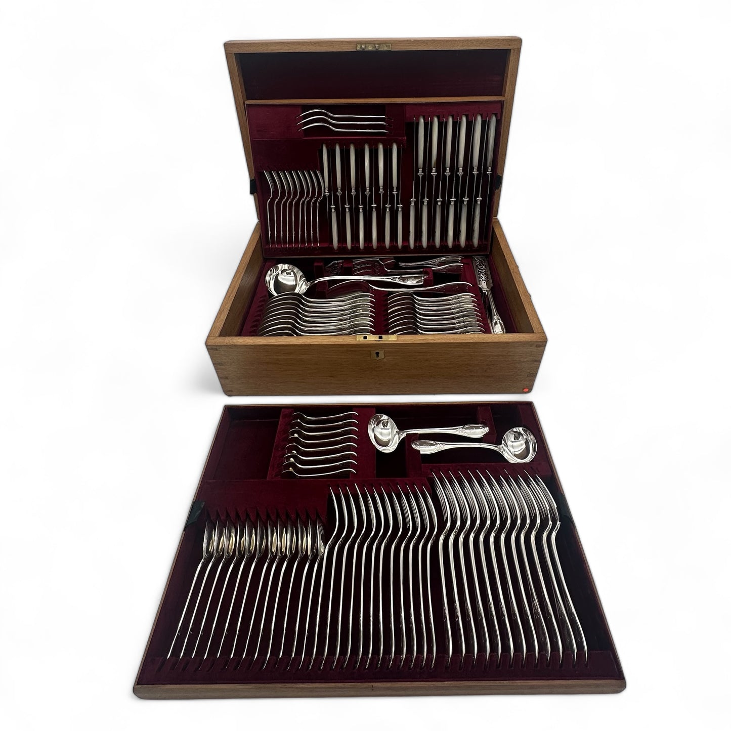 Antique Silver Wellington Pattern Cutlery Service for Twelve People with Mother of Pearl Knives, and Extra Dessert Forks.