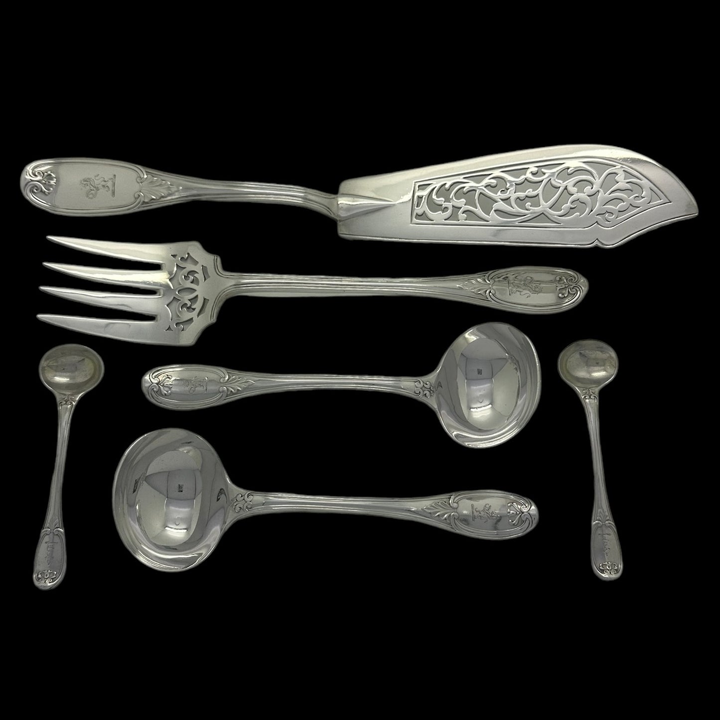 Antique Silver Wellington Pattern Cutlery Service for Twelve People with Mother of Pearl Knives, and Extra Dessert Forks.