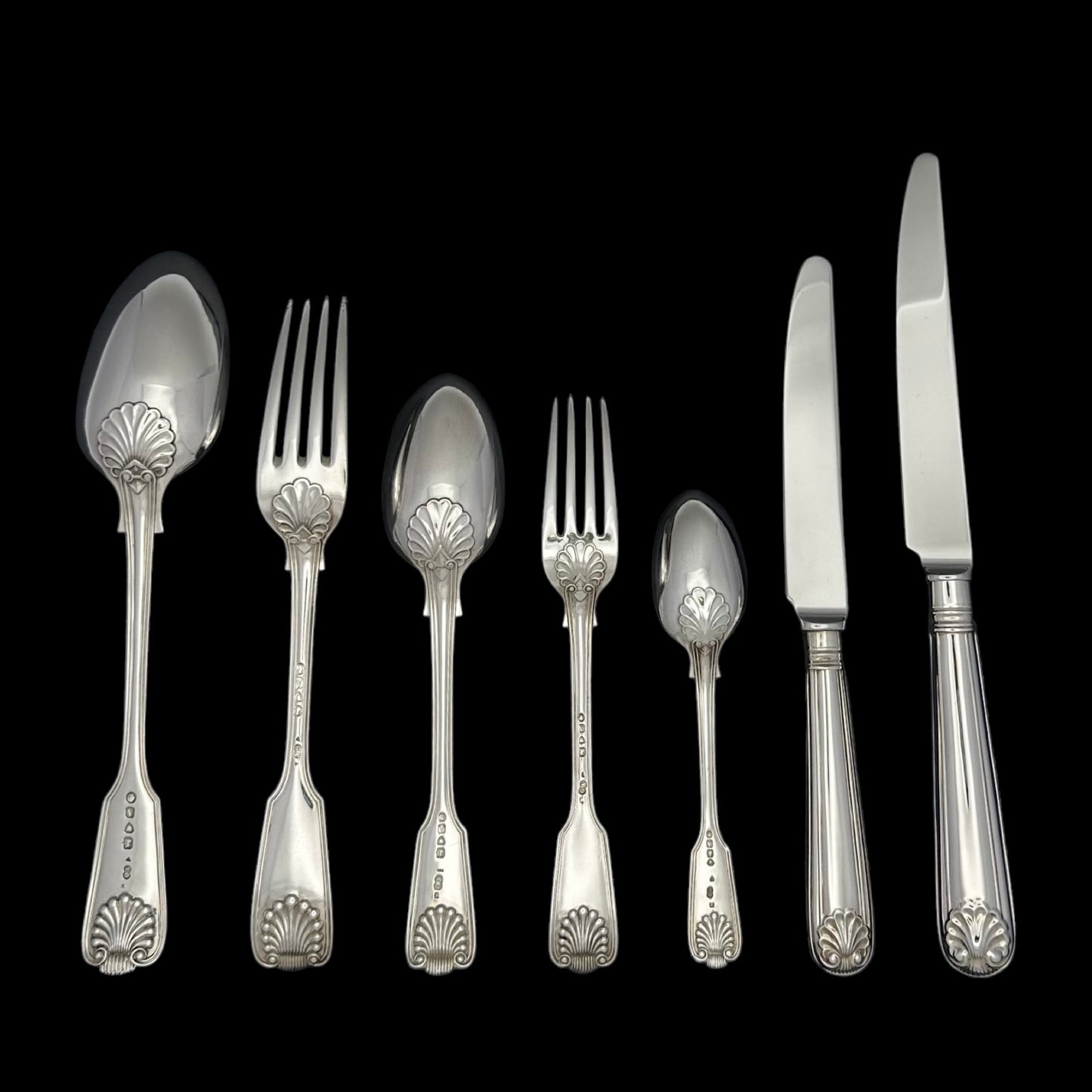 Antique Silver Fiddle Thread & Shell Pattern Flatware service for Twelve People.