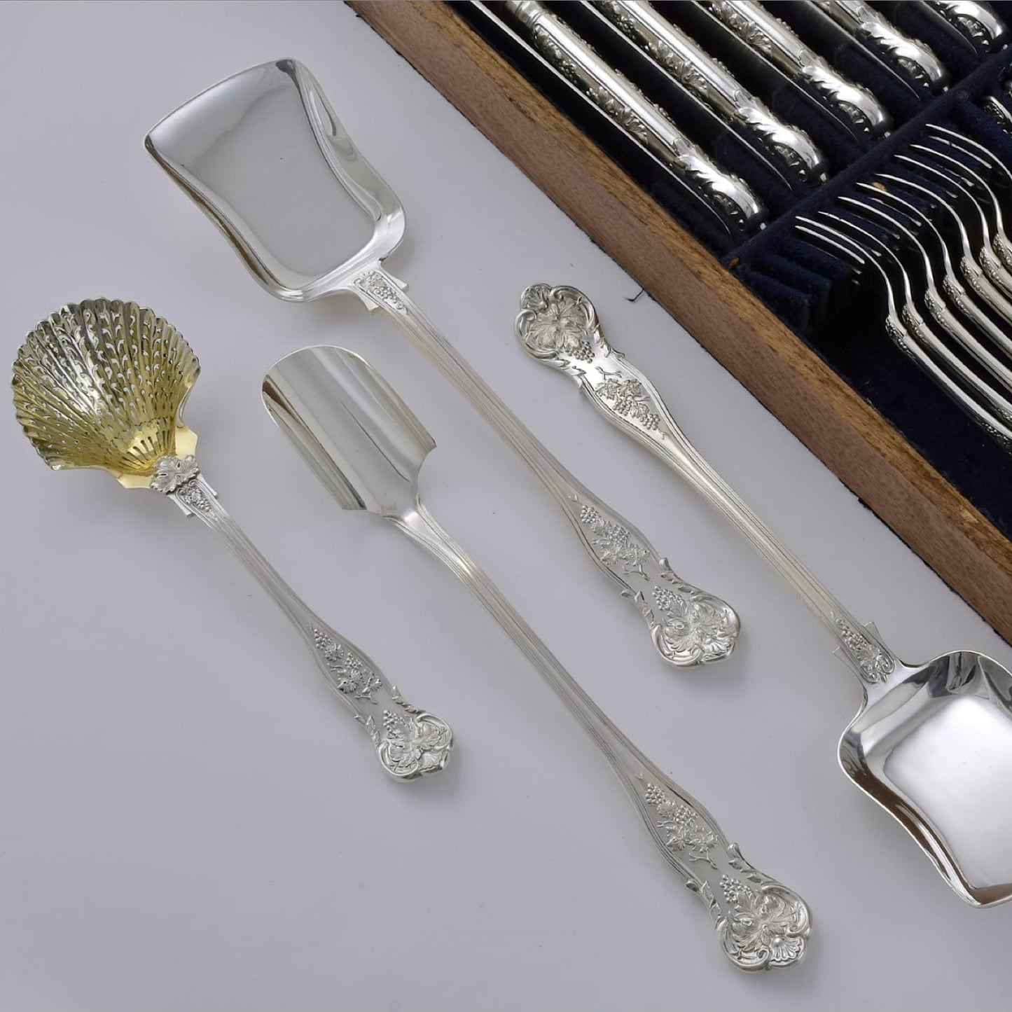 Incredibly Rare and Extensive Antique Silver Vine Pattern Service for Twenty Four. Made by George Adams in London, 1856.